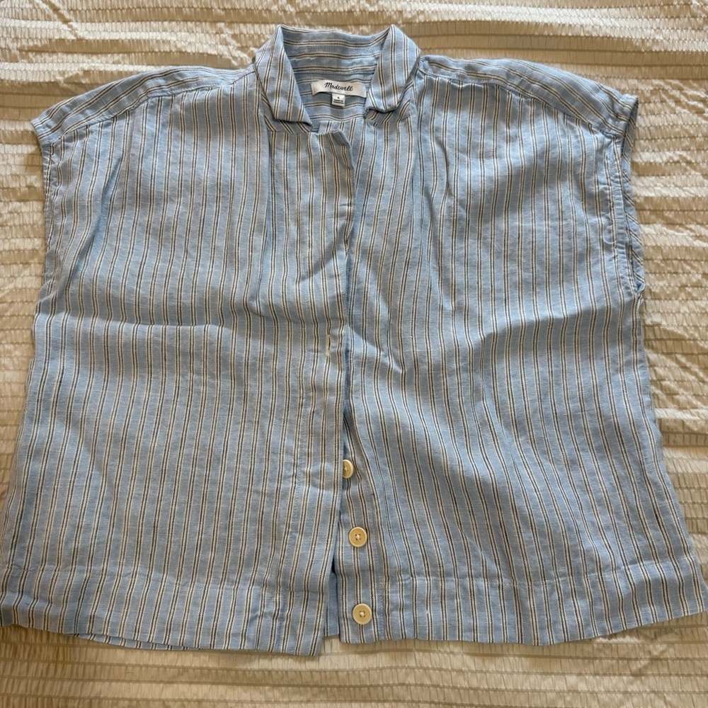 Madewell Blue Linen Striped Boxy Button Front Blouse small - Picture 2 of 5